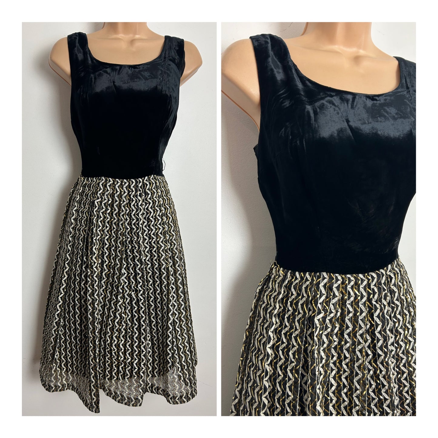 Vintage 1980s Size 6 Black Gold & White Velvet Chiffon & Ribbon Party Prom Dress