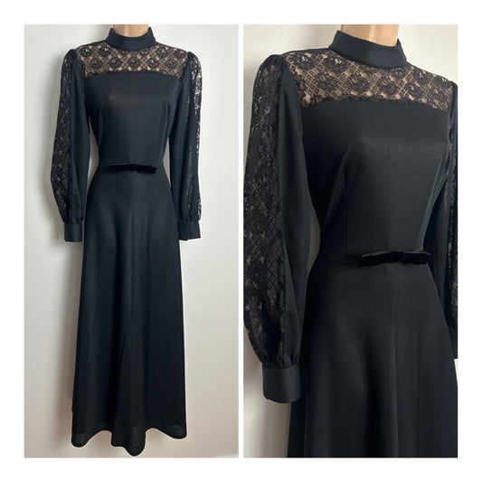 Vintage 1970s Size 10 Black Gothic Vibes Lace Illusion Neck Long Sleeve Maxi Dress