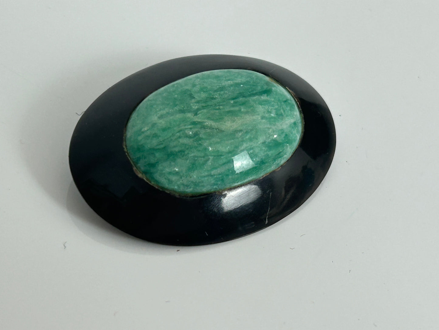 Vintage Homemade Black & Green Marble Effect Plastic Oval Shape Pin Brooch