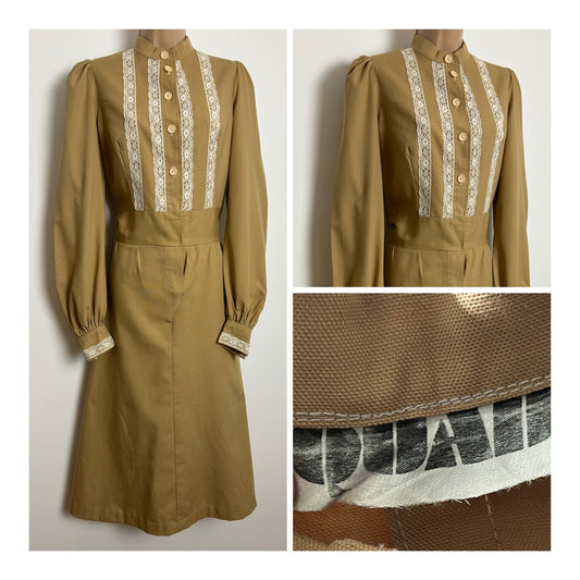 Vintage 1970s QUAD Size 12 Camel Brown Cotton Lace Trim Long Sleeve Prairie Midi Dress