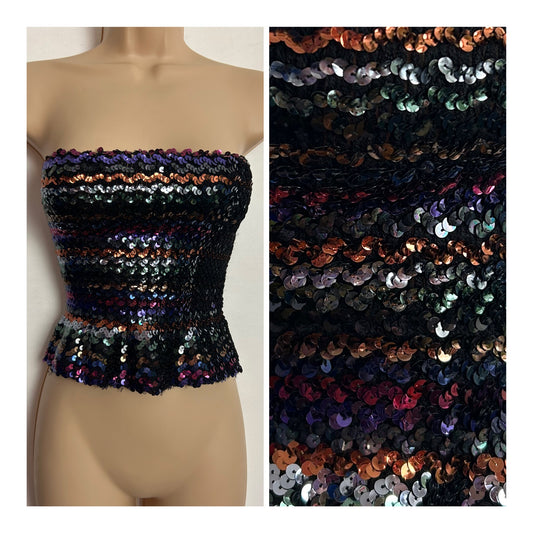 Vintage 1980s Up To size 10/12 Strapless Sequin Stretchy Peplum Style Bandeau Disco Party Top