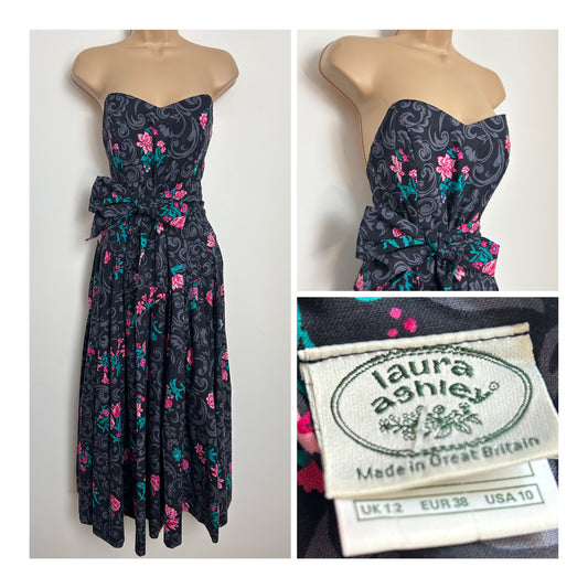 Vintage 1980s LAURA ASHLEY Size 8 Black Grey & Pink Floral Print Strapless Boned Pleated Occasion Dress