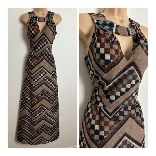 Vintage 70s UK Size 8 Brown Bronze Grey & Black Check Print Lurex Keyhole Occasion Evening Maxi Dress