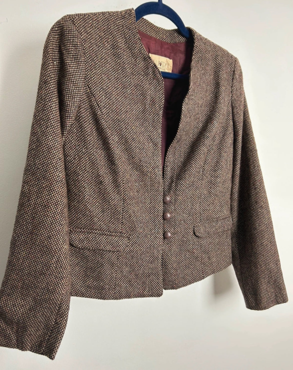 Vintage 1980s PLUM TREE CANADA Size 10 Brown Tweed Wool Mix Collarless Blazer