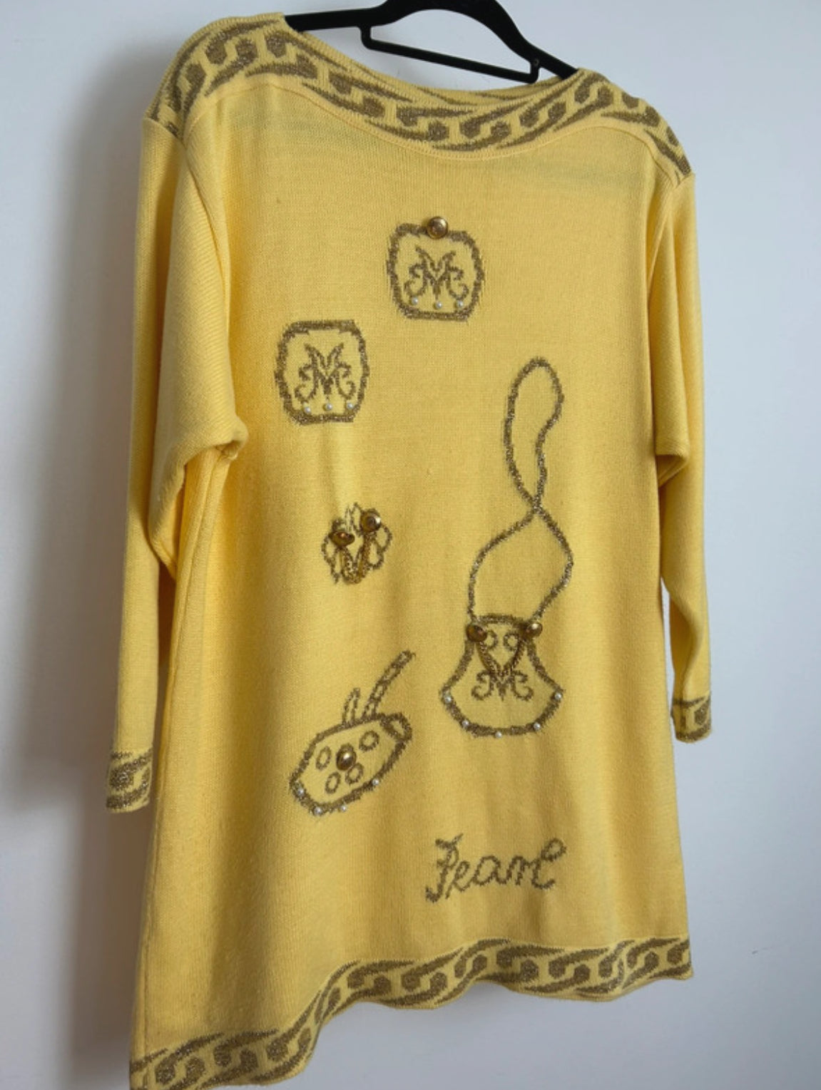 Vintage 1990s Size 14 Yellow & Gold Handbag & Purses Pattern Novelty Jumper