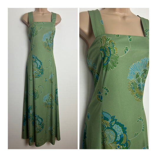 Vintage 1970s BORGHESE BY TOPLET Size 12 Green & Blue Floral Print Maxi Dress