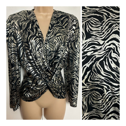 Vintage 1980s C&A UK Size 14-16 Black & Silver Lame Zebra Print Knot Fronted Party Top