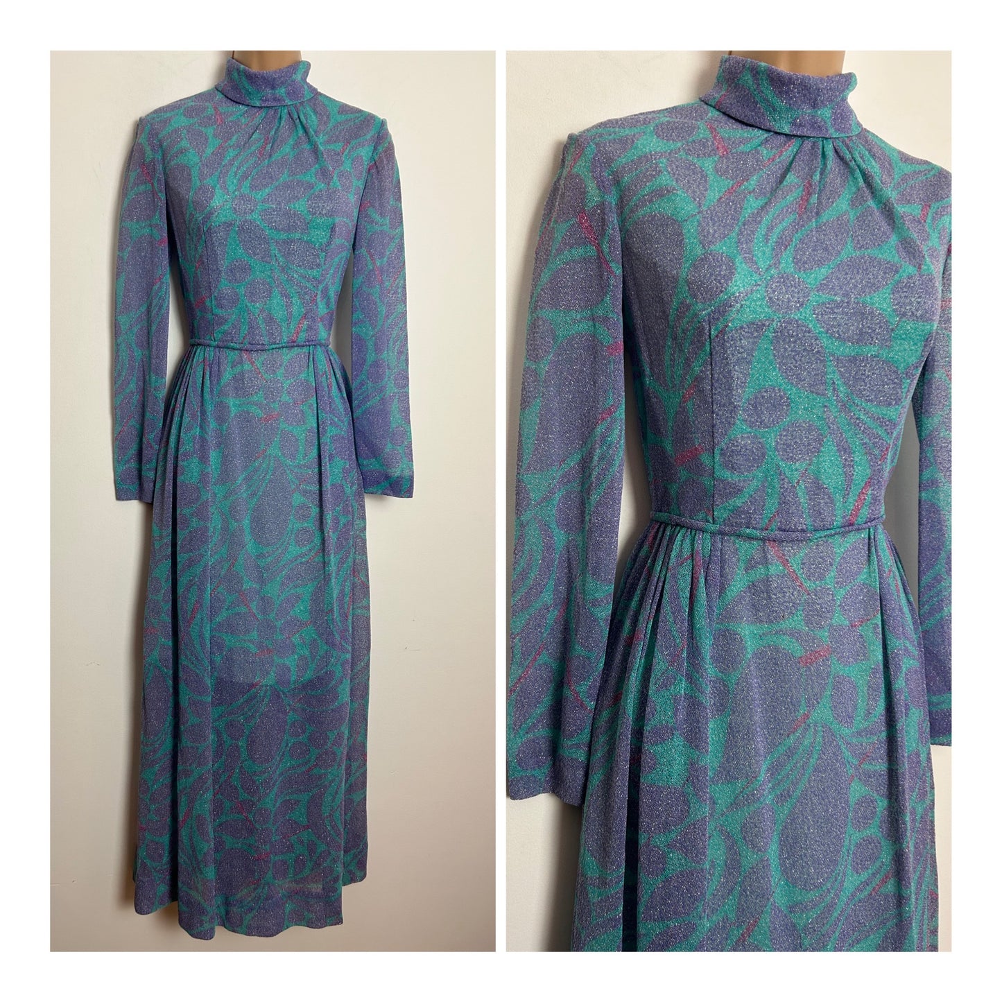 Vintage Late 1960s DONERICA MAYFAIR UK Size 8 Blue & Lilac Sparkly Lurex Occasion Evening Maxi Dress