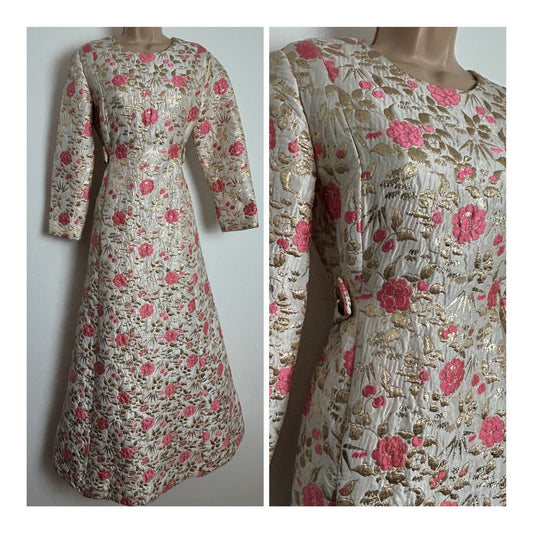 Vintage 1960s BRAASCH MODELL Size 10 Ivory Pink & Metallic Gold Floral Brocade Occasion Evening Party Dress