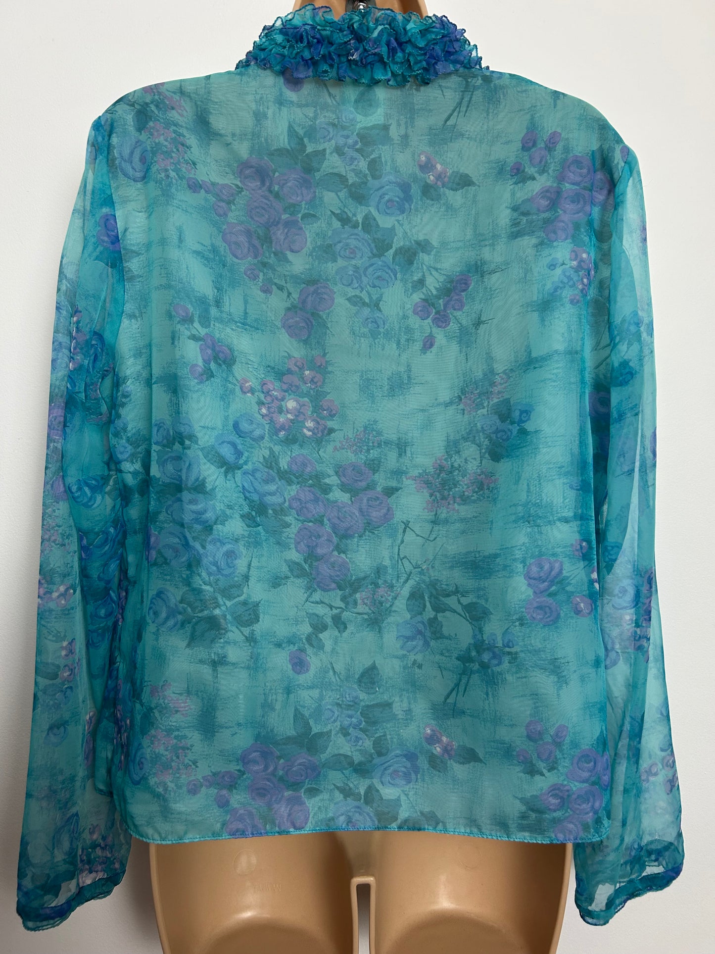 Vintage Late 1960s ST MICHAEL Size 12 Turquoise & Pink Ruffle Tie Neck Nylon Chiffon Blouse