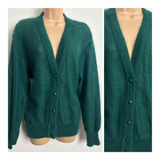 Vintage 1980s RABE Size 12-14 Forest Green Super Kid Mohair Mix Cardigan