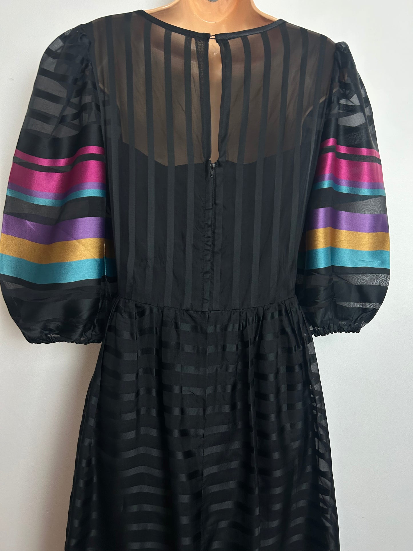 Vintage 1980s CHARADE Size 10-12 Black Blue Pink Mustard & Purple Stripe Print Maxi Dress
