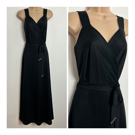 Vintage 1970s UK Size 12 Black Sweetheart Surplice Neck Belted Occasion Maxi Dress