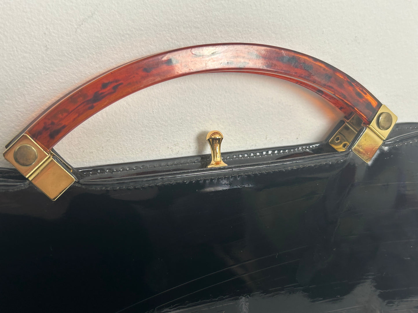 Vintage 1960s ESSELL Fabulous Black Patent Tortoiseshell Handles Oblong Handbag