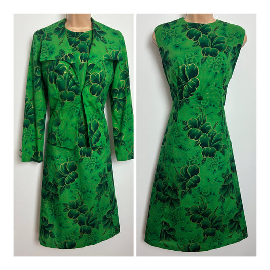 Vintage 1960s Size 12 Green & Gold Floral Hibiscus Print Mod Dress & Matching Jacket Two Piece