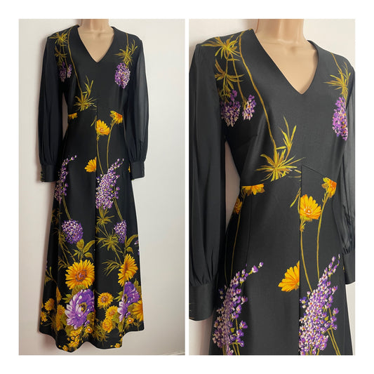 Vintage 1970s ESTRELLA MODELL UK Size 14 Black Purple & Yellow Floral Print Long Sleeve Maxi Dress