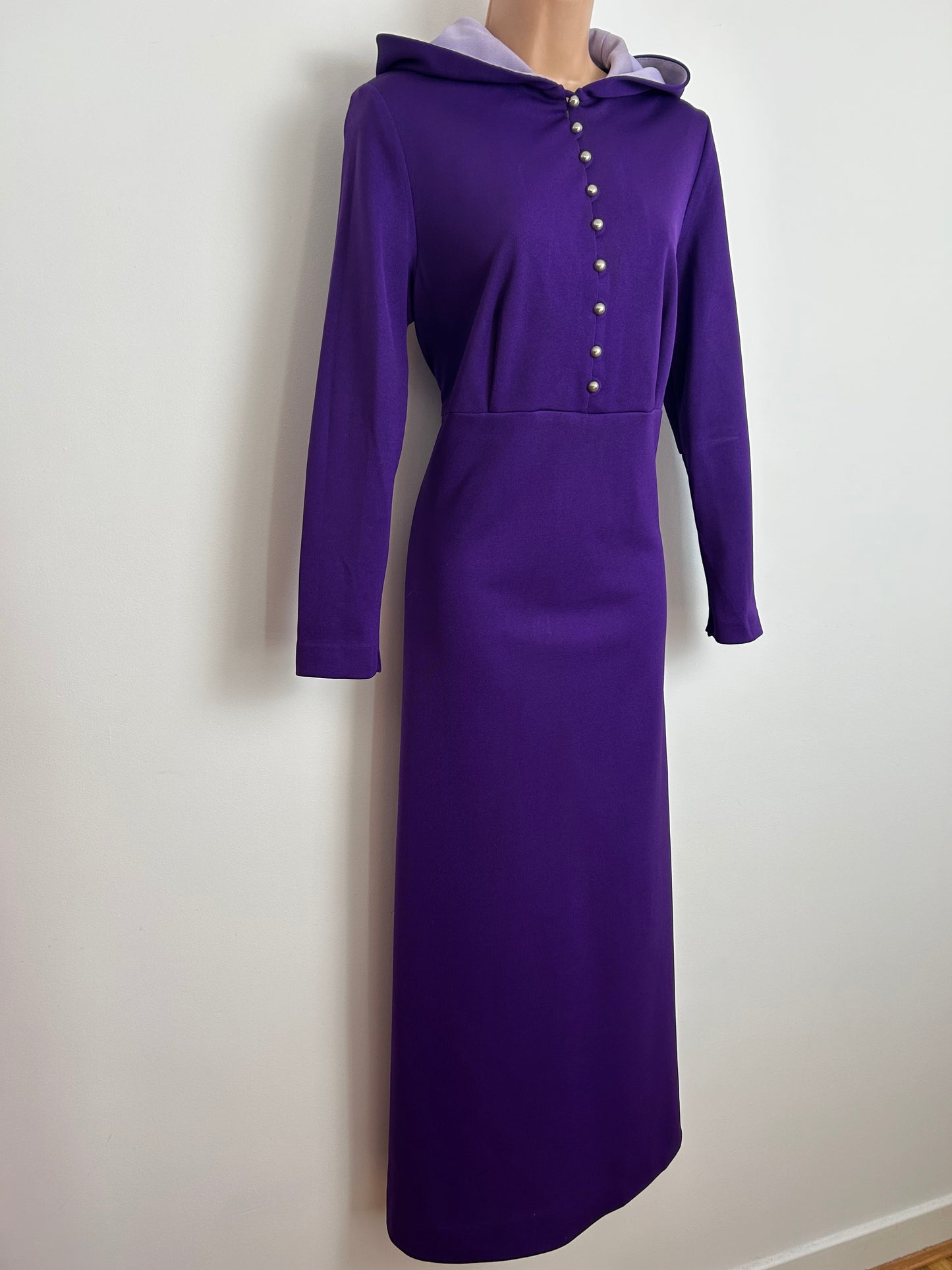 Vintage 1970s HENRIQUES OF LONDON Size 14 Purple Hooded Long Sleeve Maxi Dress
