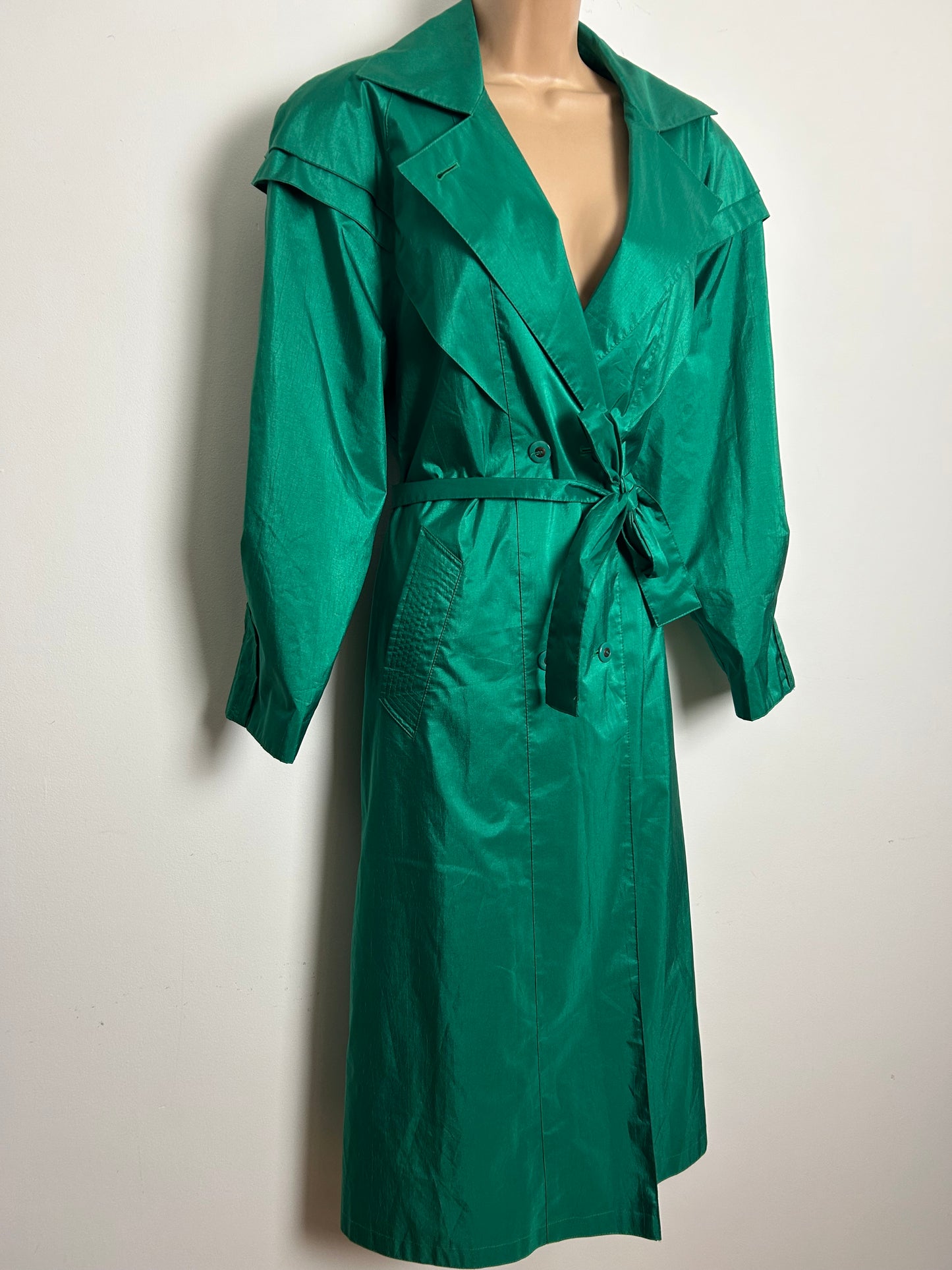 Vintage 1980s BRITISH MIST Size 12-14 Emerald Green Belted Trench Coat