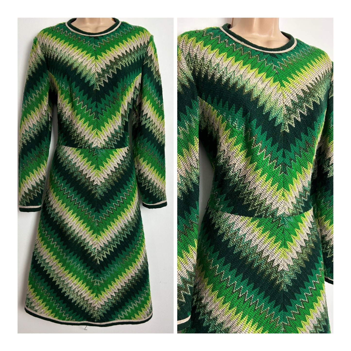 Vintage 1960s BERKERTEX UK Size 12 Incredible Green Tones Zig Zag Pattern Woven Wool Mod Dress