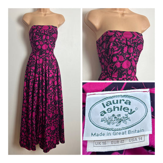Vintage 1980s LAURA ASHLEY Size 10 Strapless Black & Pink Floral Print Pleated Maxi Length Prom Style Dress