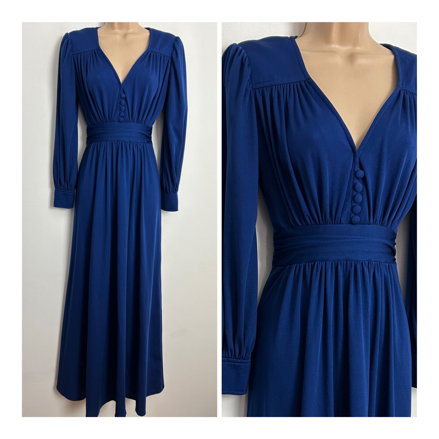 Vintage 1970s CREATION MADEMOISELLE UK Size 6-8 Royal Blue Long Sleeve Gather Pleated Maxi Dress