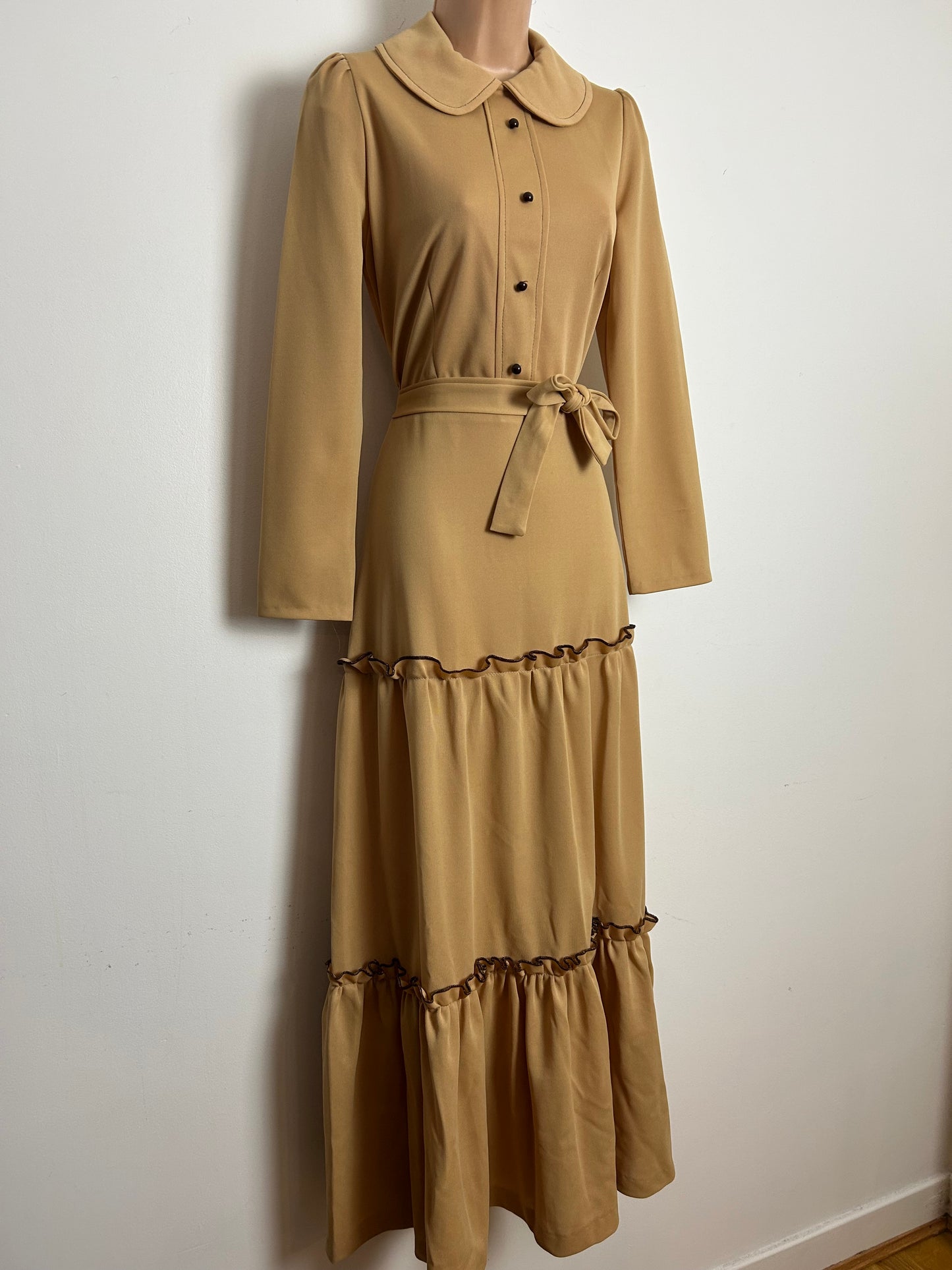 Vintage 1970s Size 10 Sandy Beige Crimplene Belted Tiered Long Sleeve Maxi Dress