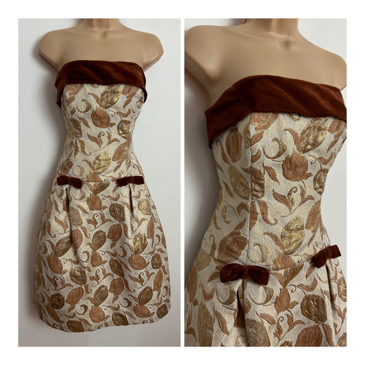 Vintage 1950s RARE ZENITH UK Size 6 Gorgeous Cream Brown & Gold Brocade Strapless Boned Cocktail Occasion Party Dress