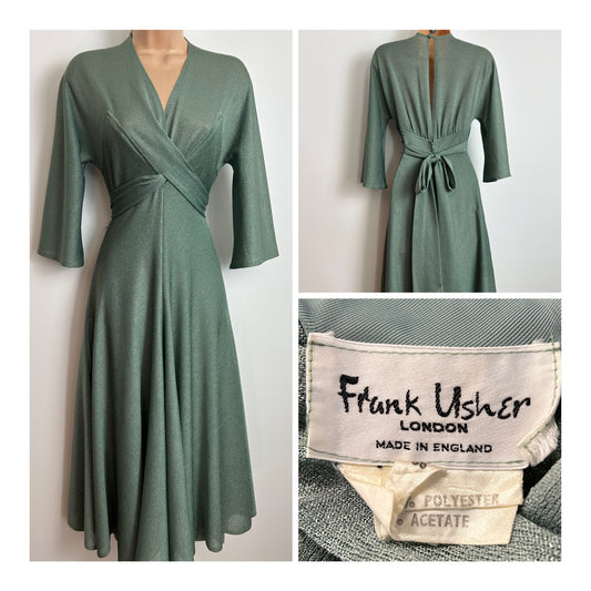 Vintage 1970s FRANK USHER Size 6 Gorgeous Sage Green Wide Sleeve Cross Wrap Style Midi Dress