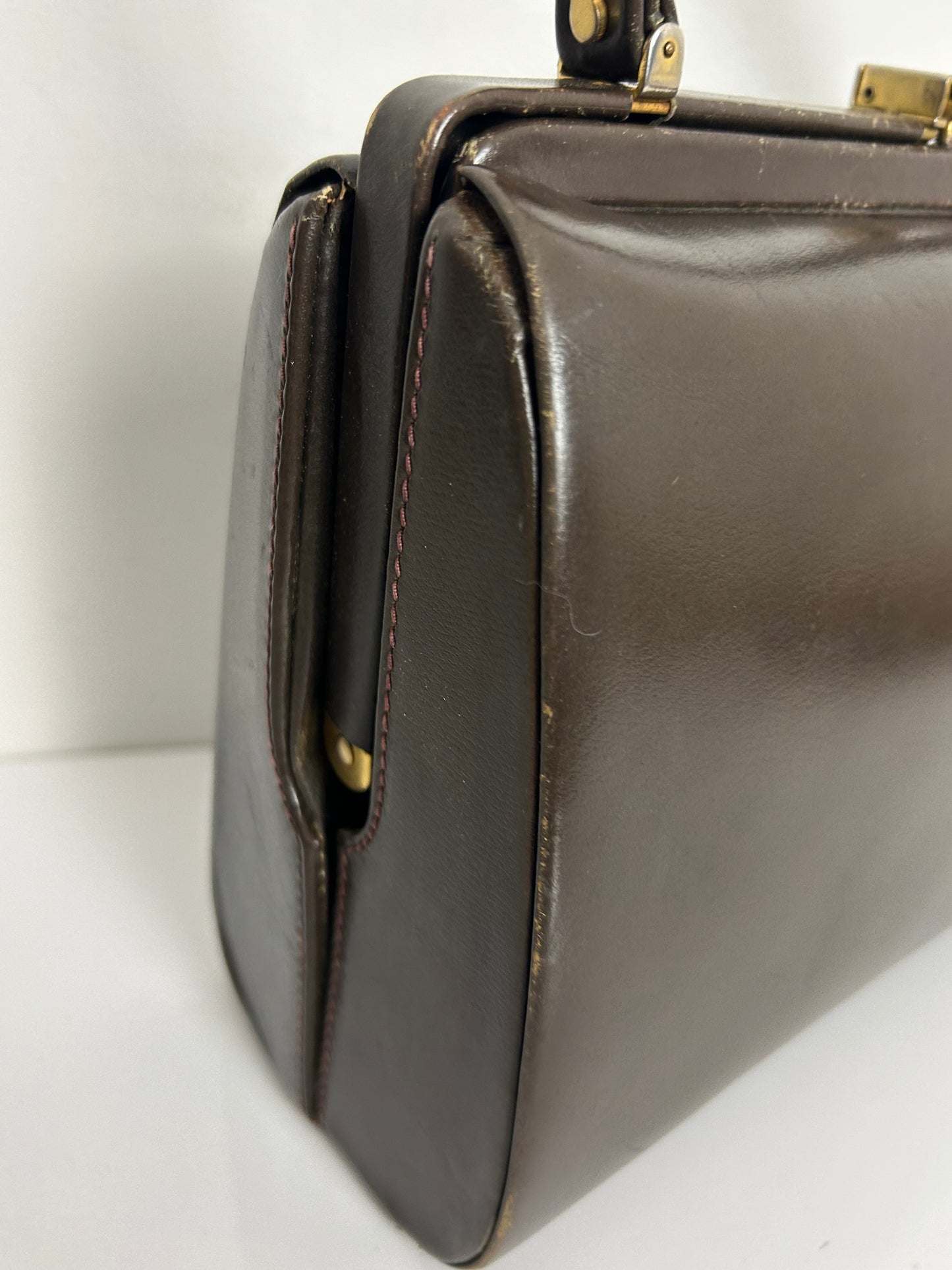 Vintage 1940s Dark Brown Leather Gladstone Style Boxy Handbag