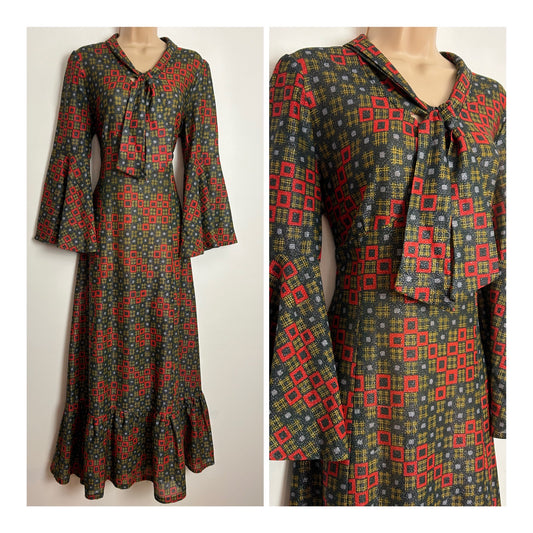 Vintage 1970s UK Size 14 Black Red Gold & Silver Lurex Geo Print Scarf Neck Tie Back Maxi Dress