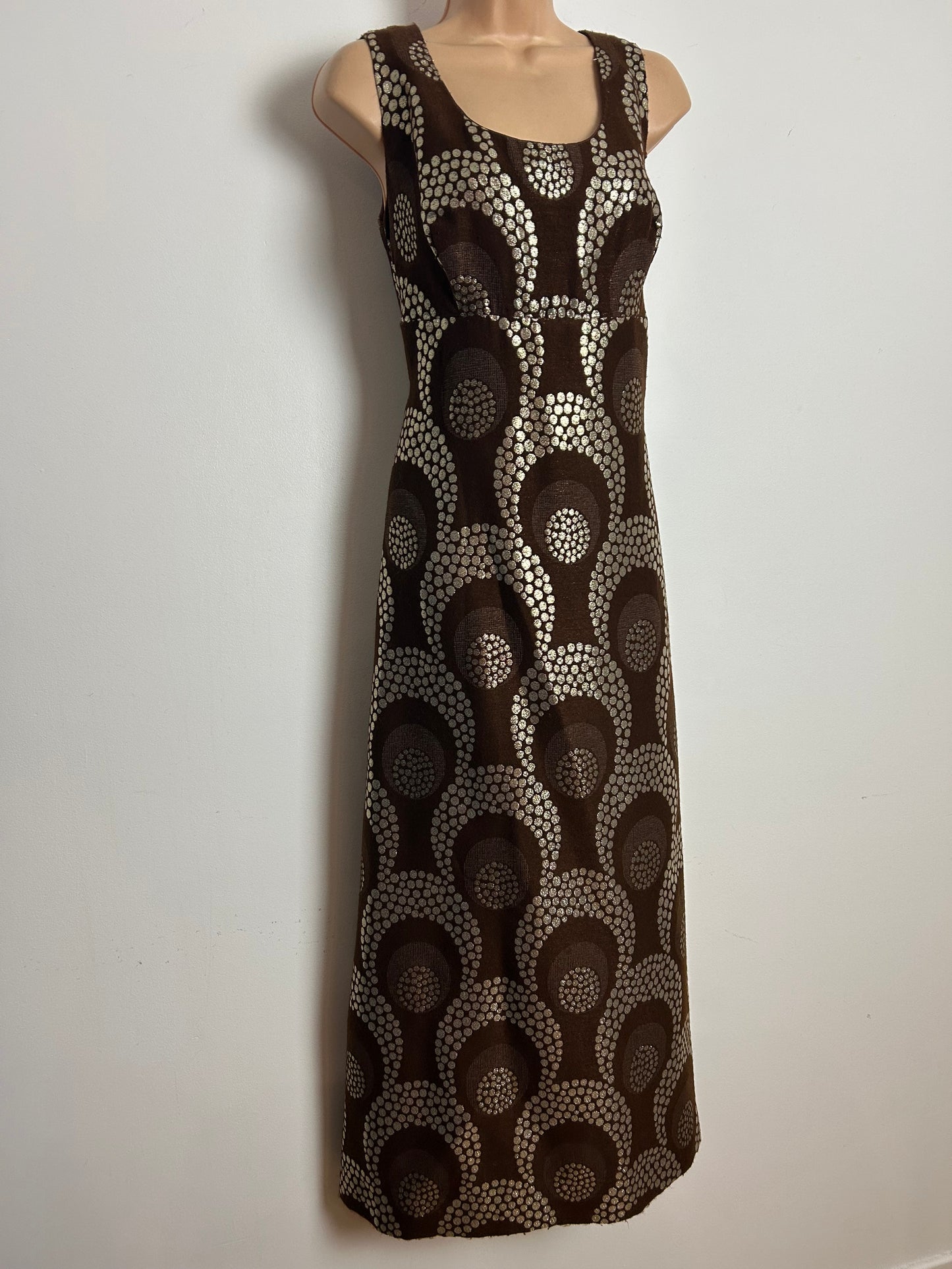 Vintage 1970s KLEEMIER HOFF Size 10 Brown & Gold Spot Print Sleeveless Evening Maxi Dress