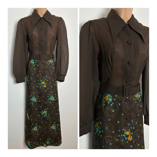 Vintage 1970s BERKERTEX Size 12 Brown Blue & Orange Floral & Spot Print Dagger Collar Belted Maxi Dress