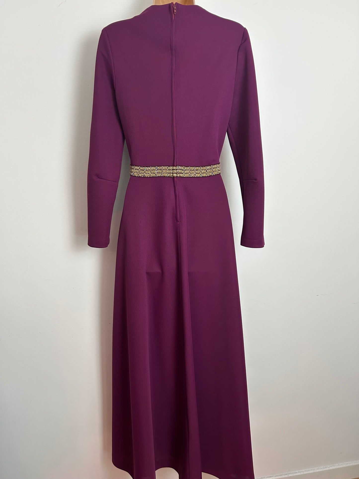 Vintage 1970s LEYGIL Size 8 Plum Purple Key Hole Choker Neck Gold Braid Trim Detail Occasion Maxi Dress