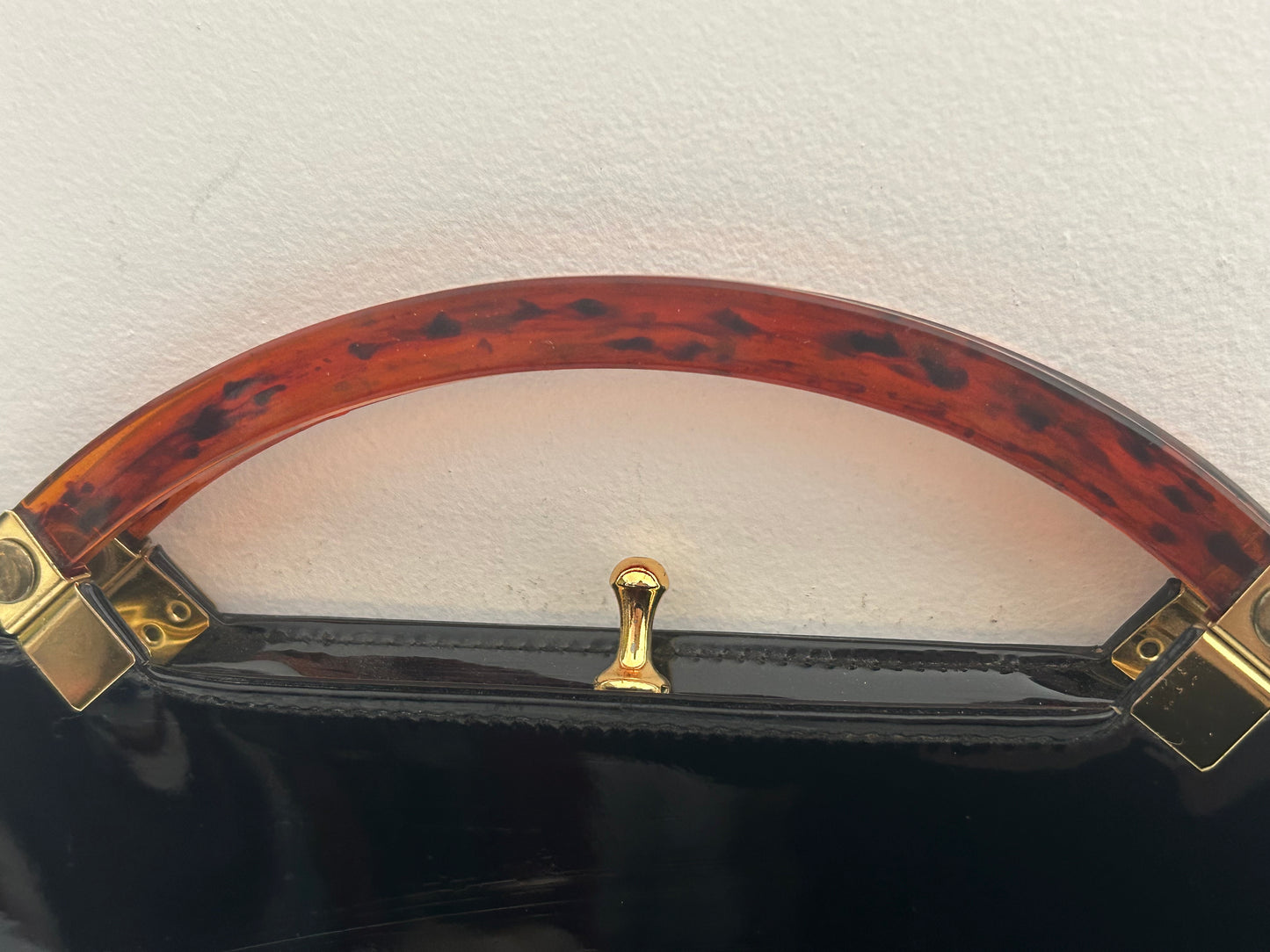 Vintage 1960s ESSELL Fabulous Black Patent Tortoiseshell Handles Oblong Handbag