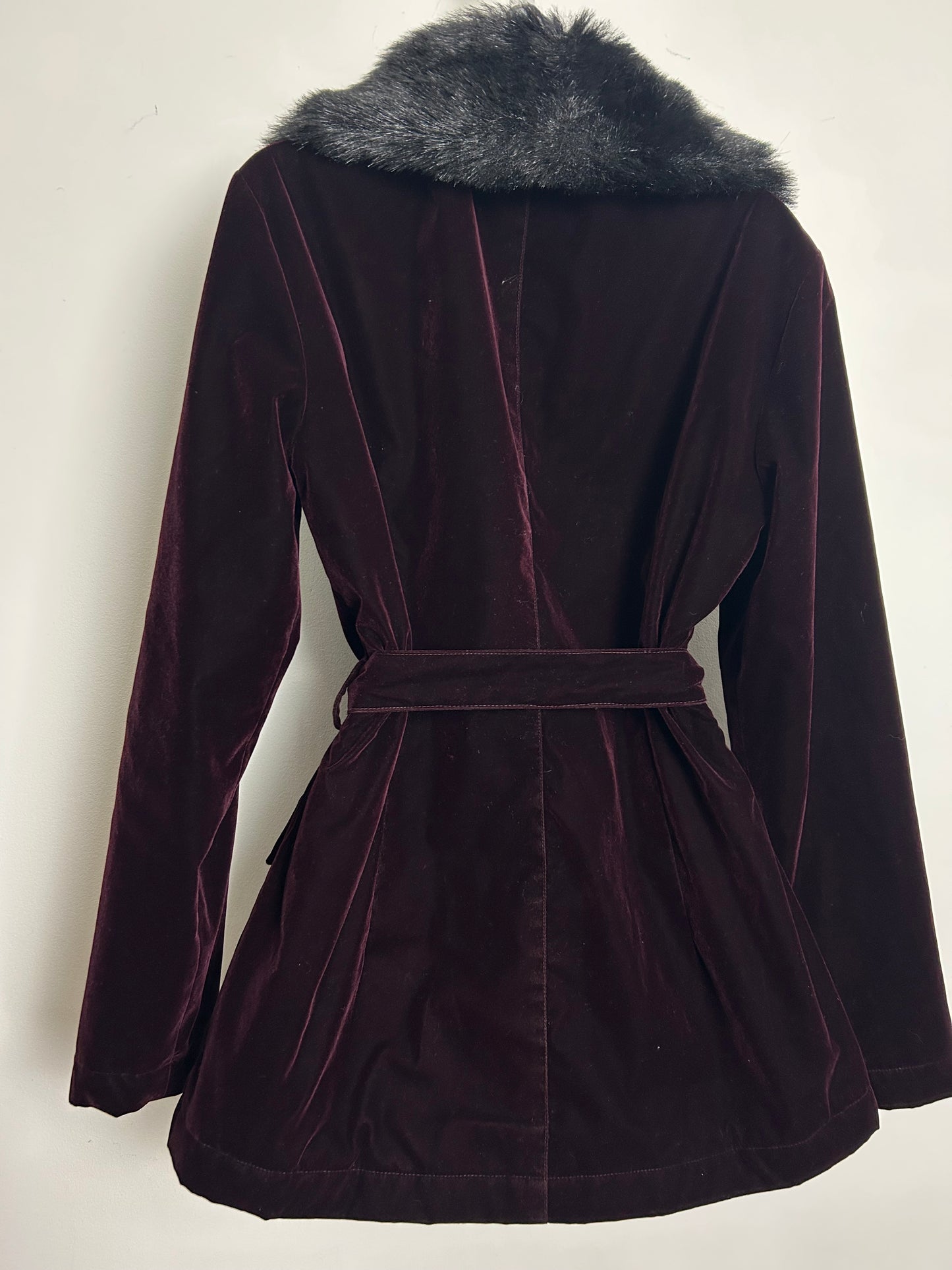 Vintage 1990s ICI & MAINTENANT Size 10-12 (T2) Aubergine Purple Velvet Faux Fur Belted Coat