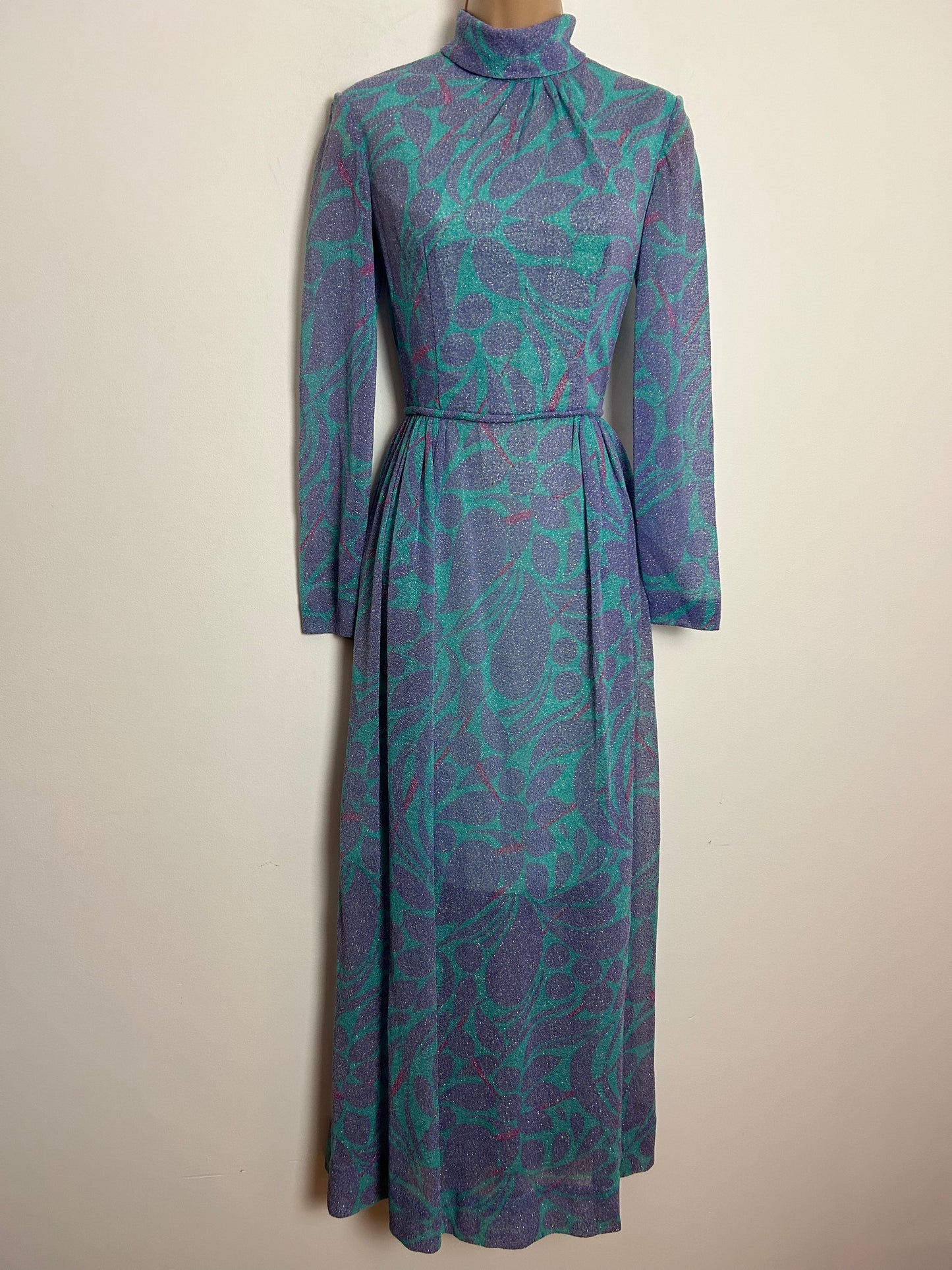 Vintage Late 1960s DONERICA MAYFAIR UK Size 8 Blue & Lilac Sparkly Lurex Occasion Evening Maxi Dress