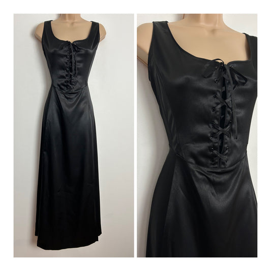 Vintage 1990s ETAM UK Size 10-12 Black Wet Look Lace Up Boned Corset Gothic Style Maxi Dress
