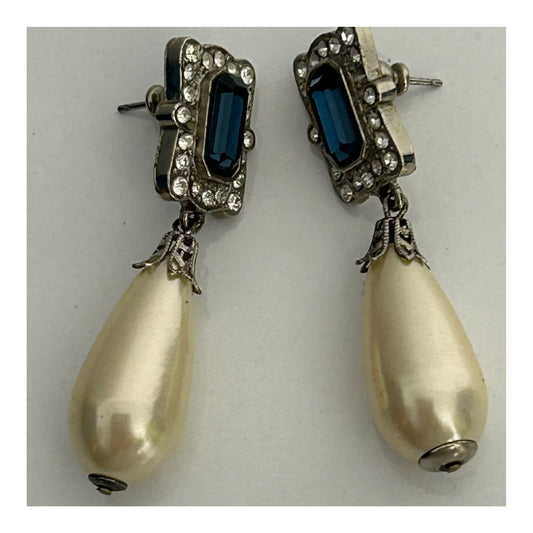 Vintage 1960s Silver Tone Blue Stone Diamante Set Pearl Droplet Clip On Earrings