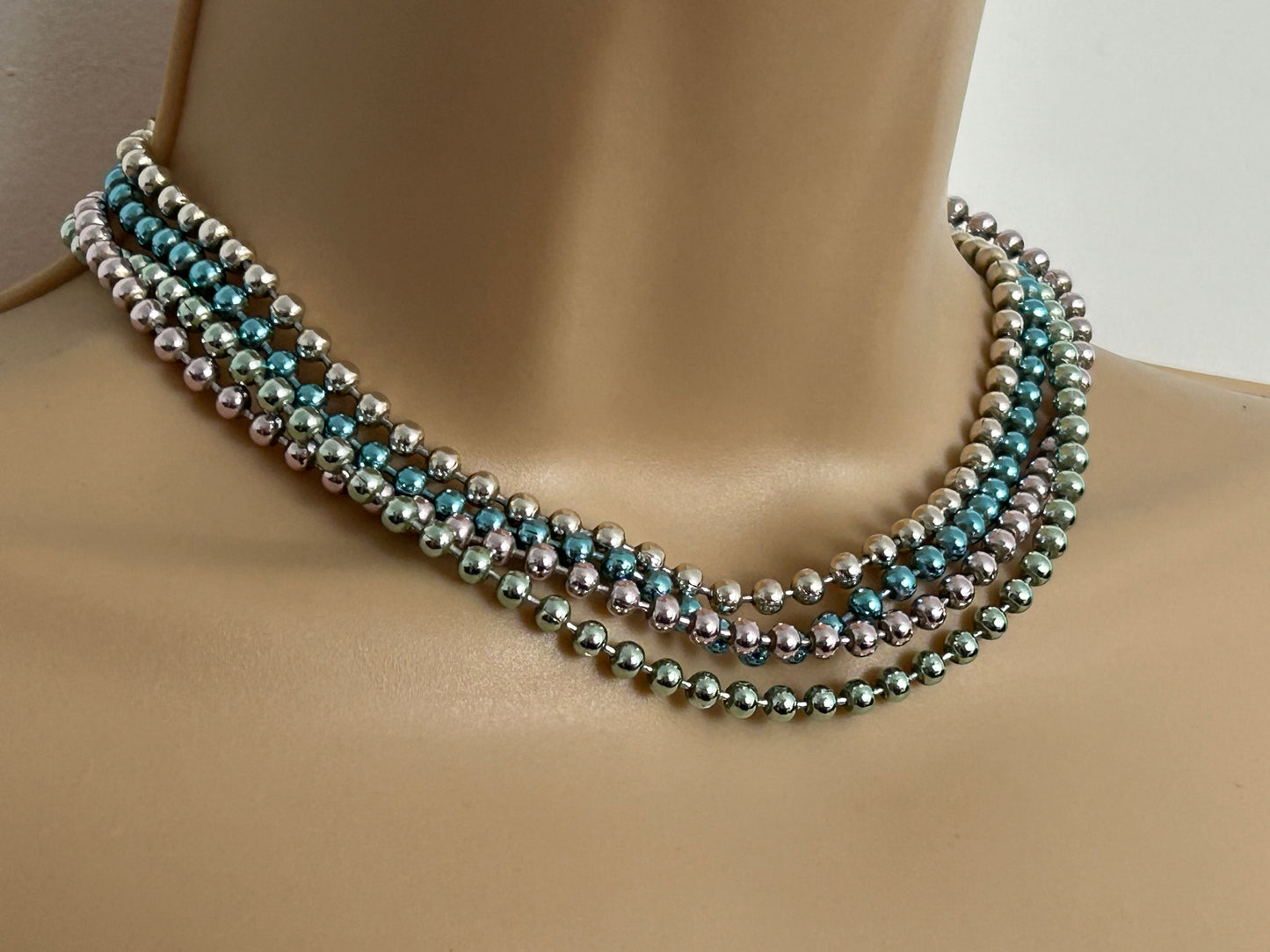 Vintage 1960s Pastel Colour Metal Bead Four Strand Choker Style Necklace