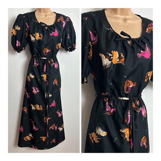 Vintage 1970s Size 10-12 Black Pink & Orange Floral Print Short Sleeve Belted Maxi Dress