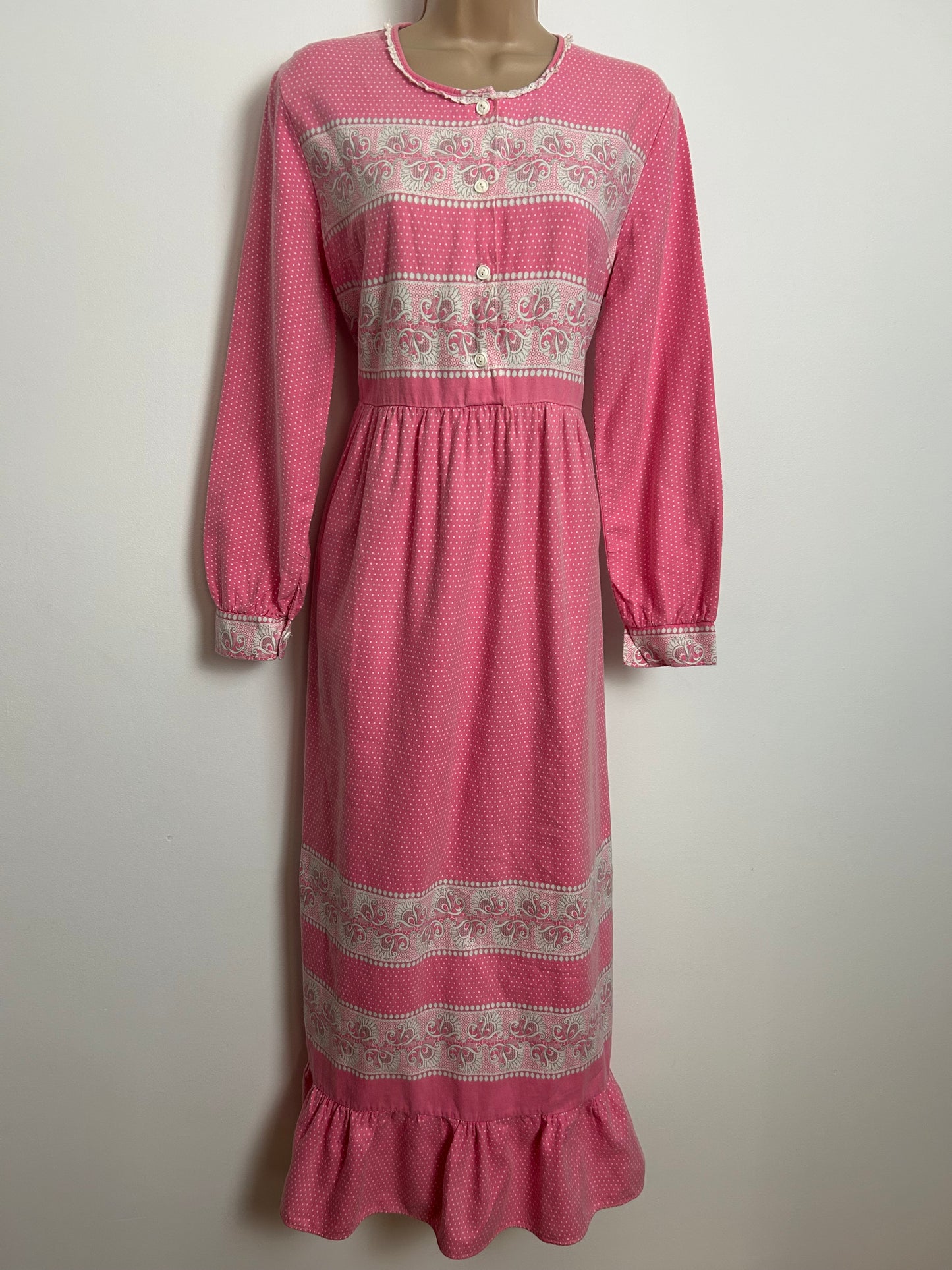 Vintage 1970s Size 12-14 Pink & White Polka Dot Print Long Sleeve Cotton Maxi Nightdress