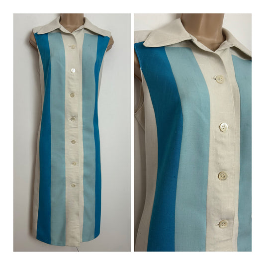 Vintage 1970s CARLOINE ROHMER Size 12 Beige & Blue Tones Vertical Stipe Print Mod Shift Dress