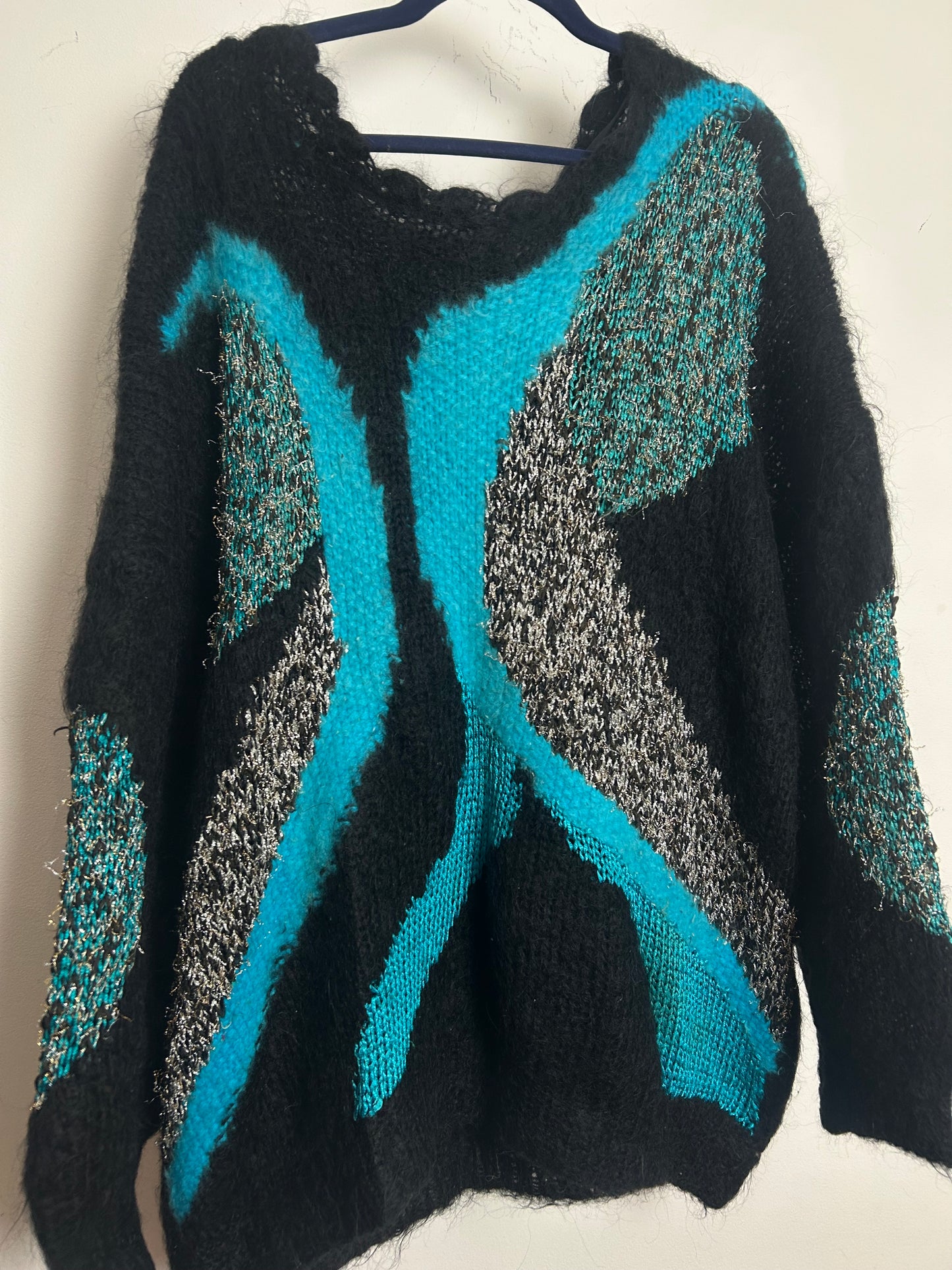 Vintage 1980s One Size Up To Size 18 Black Turquoise & Silver Mohair Mix Slouchy Jumper
