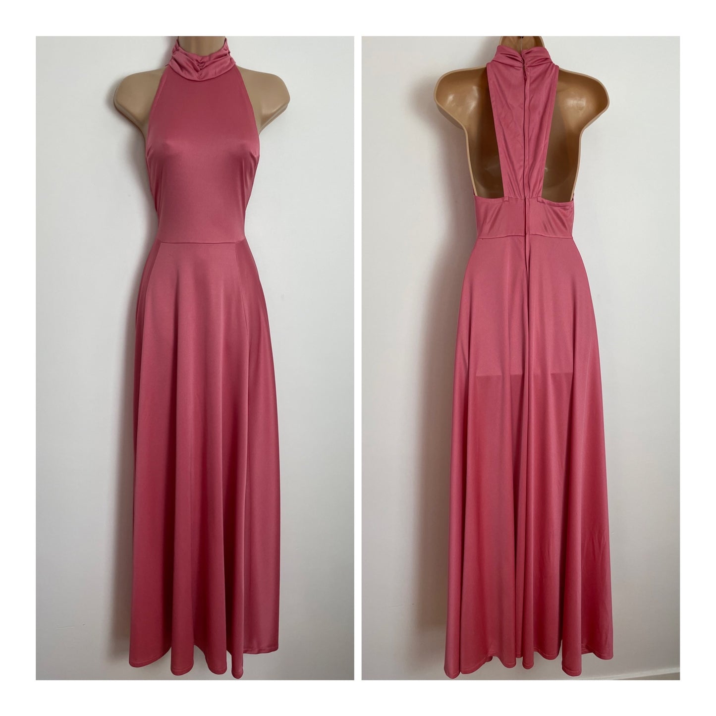 Vintage 1970s BERNSHAW UK Size 6 Dusky Pink Slinky High Neck Open Back Boho Occasion Maxi Dress