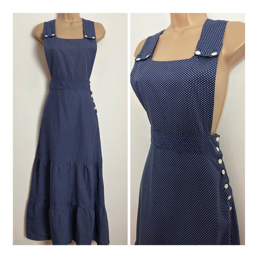 Vintage 1970s JOHN ELLIOTT UK Size 8 Navy Blue & White Polka Dot Print Cotton Pinafore Maxi Dress