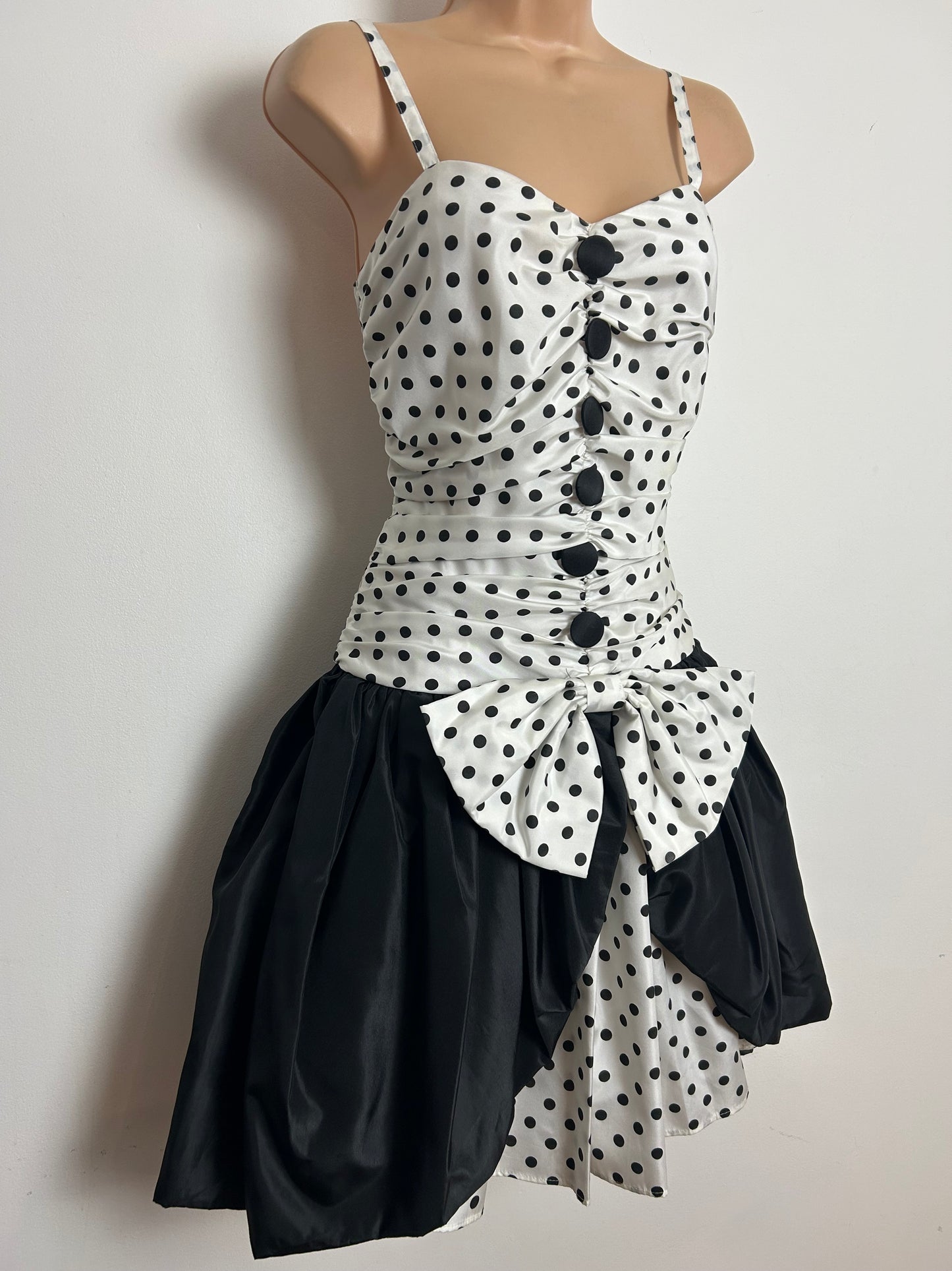 Vintage 1980s CREATION CHOU CHOU Size 10 White & Black Polka Dot Print Party Prom Dress