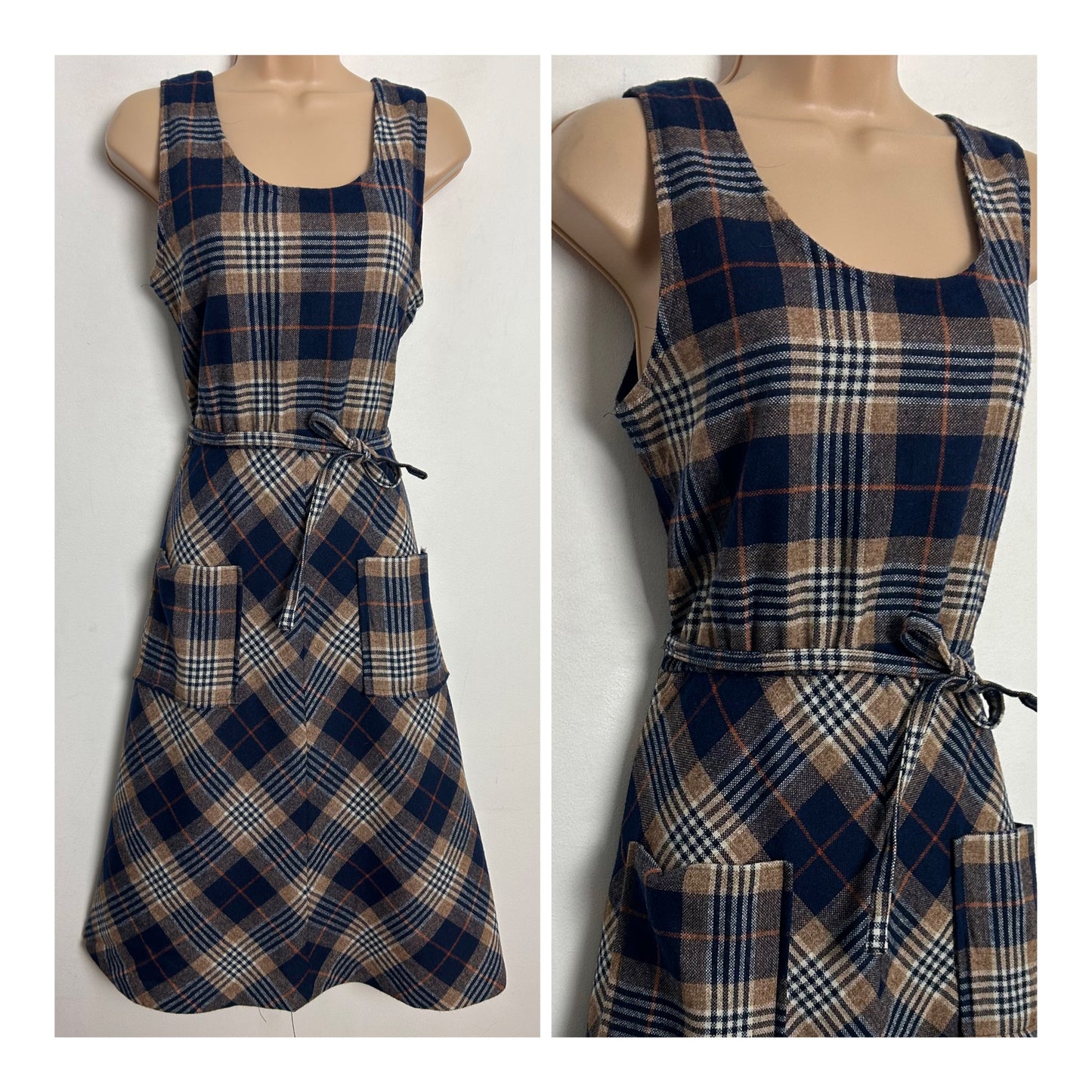 Vintage 1970s UK Size 8-10 Dark Blue & Beige Check Print Wool Mix Belted Fit & Flare Dress