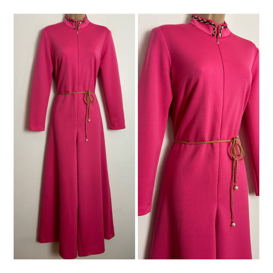 Vintage 1970s PAUL NICHOLAS UK Size 10 Candy Pink Long Sleeve Wide Leg Flared Jumpsuit