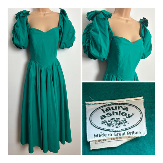 Vintage 1980s LAURA ASHLEY Size 6 (Size 12 On Label) Emerald Green Puff Sleeve Bow Detail Princess Ballgown