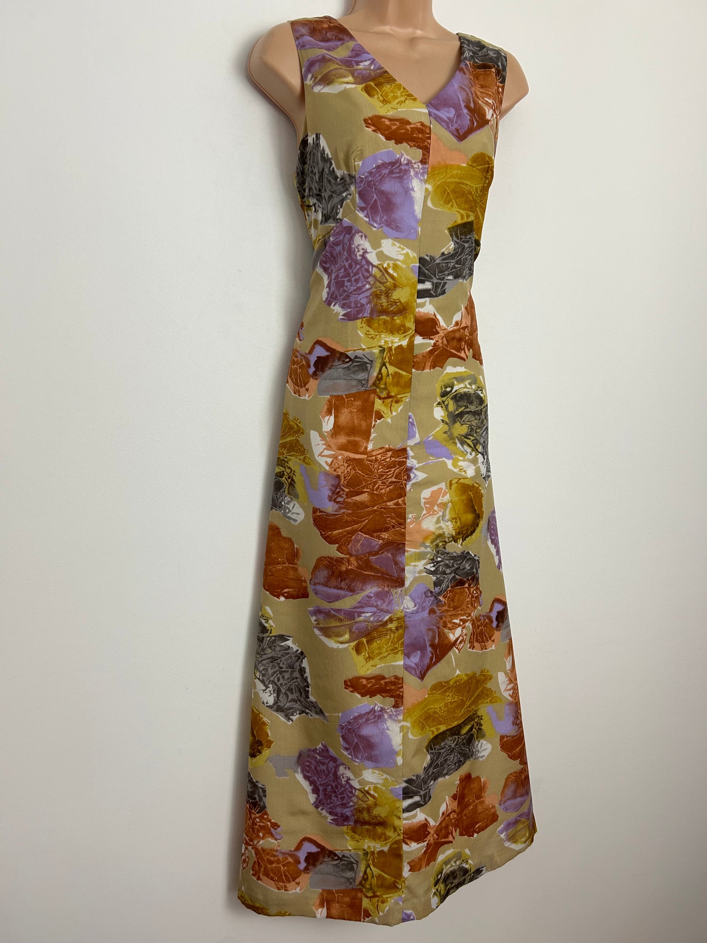 Vintage 1970s UK Size 10-12 Beige Lilac & Brown Tones Abstract Print Sleeveless Boho Maxi Dress